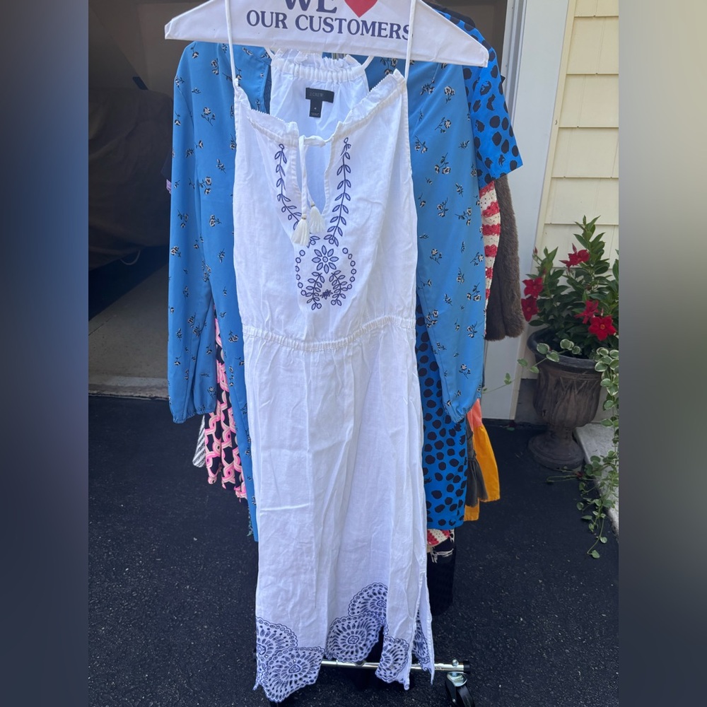 J. Crew White Maxi Dress with cobalt blue Embroidery
